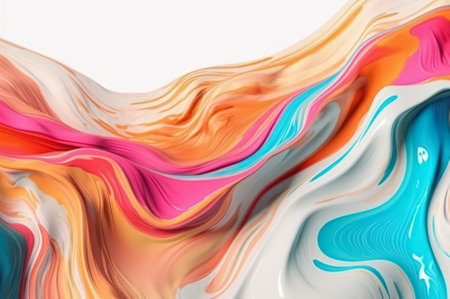 Abstract modern white and neon colors liquid wavy acrylic paint background. Trendy dynamic volumetric design. Generative AI.の素材