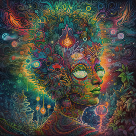 Ayahuasca experience, spiritual hallucinations surreal illustration. Trippy psychedelic visions background. Generative AI.の素材