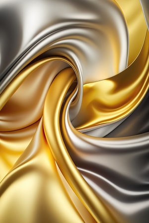 Gold silver abstract shiny plastic silk or satin wavy background. Luxurious and glamorous trendy design. Generative AI.の素材