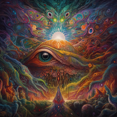 Ayahuasca experience, spiritual hallucinations surreal illustration. Trippy psychedelic visions background. Generative AI.の素材