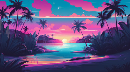 Summer tropical beach landscape. Exotic paradise beachside on sunset. Travel and vacation background.の素材