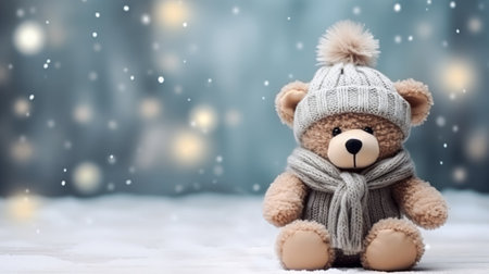 Lovely knitted toy bear cute Christmas background, copy free space. Sweet seasonal greeting card. Beautiful wallpaper.の素材