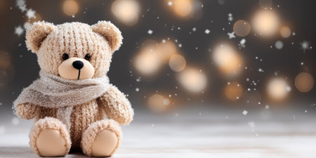 Lovely knitted toy bear cute Christmas background, copy free space. Sweet seasonal greeting card. Beautiful wallpaper.の素材