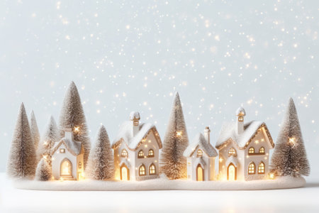 Ceramic houses cozy miniature village decoration Christmas, New Year modern copy space background. Beautiful greeting card.の素材