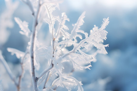 Beautiful winter morning nature closeup elements background. Cold weather frosty seasonal landscape. Aesthetic wallpaper.の素材