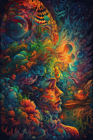 Ayahuasca experience, spiritual hallucinations surreal illustration. Trippy psychedelic visions background. Generative AI.の素材