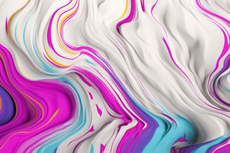 Abstract modern white and neon colors liquid wavy acrylic paint background. Trendy dynamic volumetric design. Generative AI.の素材