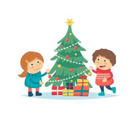 Children decorating Christmas tree isolated on white background. Cute characters, christmas and new year vector illustration in cartoon styleのイラスト素材