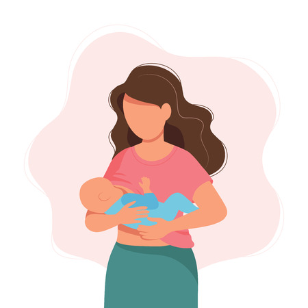 Breastfeeding - mother feeding a baby with breast. Concept vector illustration in cartoon style.のイラスト素材