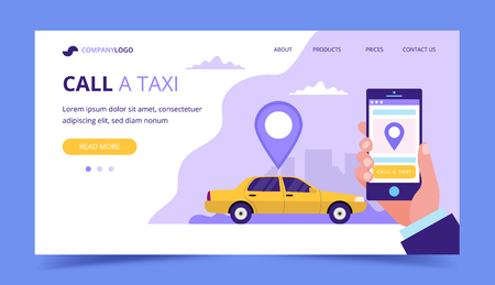 Call a taxi landing page. Concept illustration with smartphone and car. Vector illustration in flat styleのイラスト素材
