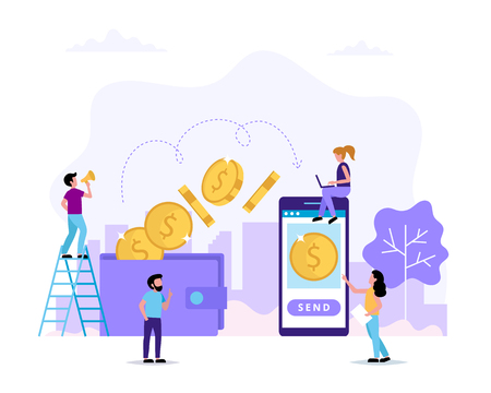 Transfering money, sending money from wallet to smartphone. Small people characters doing various tasks, concept vector illustration in flat styleのイラスト素材