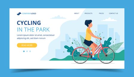 Cycling landing page. Man riding bicycle in the park. Illustration for active lifestyle, training, cardio exercising. Vector illustration in flat styleのイラスト素材