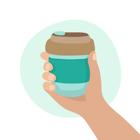 Reusable coffee cup vector illustration, hand holding a cup. Sustainable lifestyle, zero waste, ecological concept.のイラスト素材