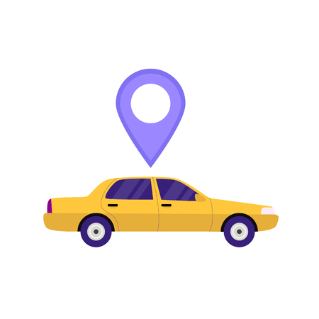 Taxi car with location symbol - isolated vector illustration in flat style, icon, call a taxi, mobile technologyのイラスト素材