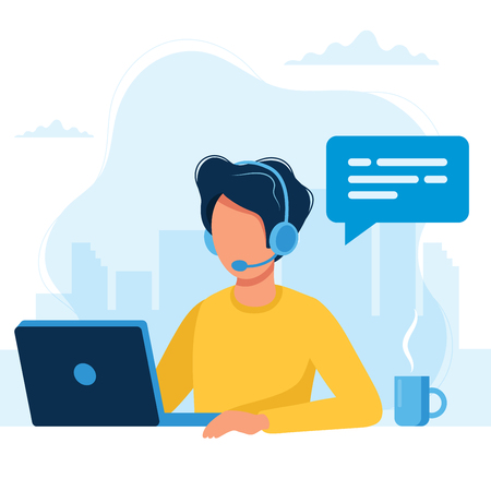 Customer service. Man with headphones and microphone with laptop. Concept illustration for support, assistance, call center. Vector illustration in flat styleのイラスト素材