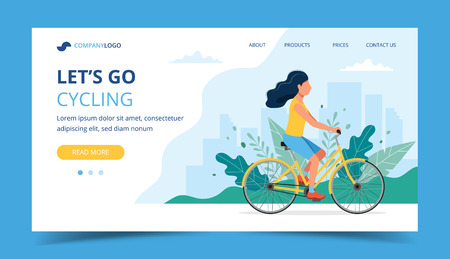 Cycling landing page. Woman riding bicycle in the park. Illustration for active lifestyle, training, cardio exercising. Vector illustration in flat styleのイラスト素材