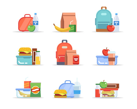 Lunchbox - different types of lunches, school meal and snack, children's lunch trays with fruits, hamburgers, water, juice, soda, chocolate. Vector illustration in flat styleのイラスト素材