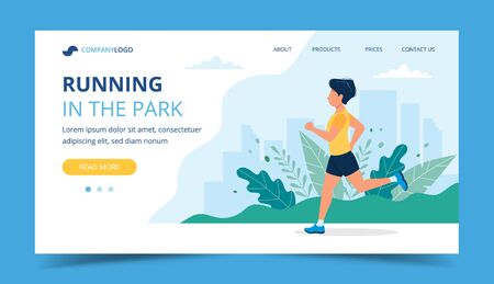 Running landing page template. Man running in the park. Illustration for marathon, city run, training, cardio exercising. Vector illustration in flat styleのイラスト素材