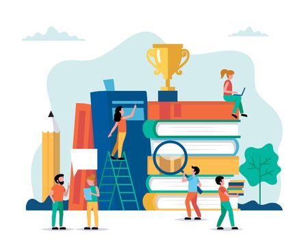 Learning, small people characters doing various tasks books and trophy.のイラスト素材
