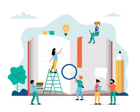 Reading, small people characters doing various tasks around big book.のイラスト素材