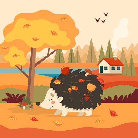 Cute hedgehog with autumn background with tree and a house. Hedgehog with apples, mushrooms and leaves. Seasonal vector illustration in flat styleのイラスト素材