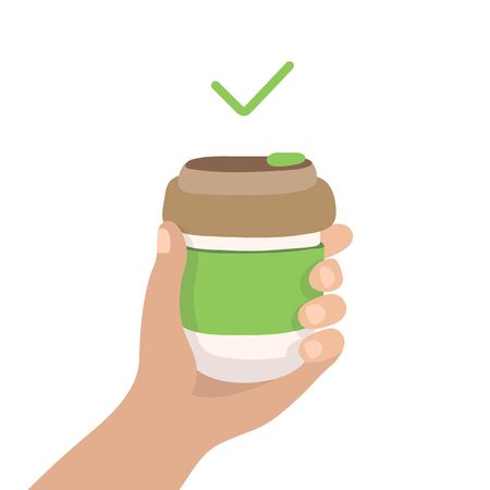 Reusable coffee cup - zero waste concept illustration. Sustainable lifestyle, reduce plastic, ecological concept. Vector illustration in cartoon styleのイラスト素材