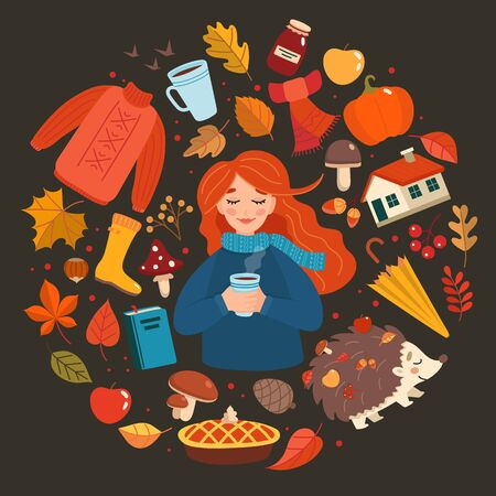 Autumn hand drawn elements collection, autumn girl with lettering on dark background. Cute vector illustration in cartoon styleのイラスト素材