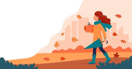 Girl with a pumpkin in autumn. Cute vector illustration in flat style.のイラスト素材