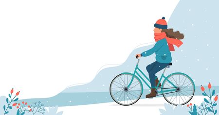 Girl riding bike in the park in winter. Cute vector illustration in flat style.のイラスト素材