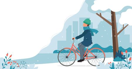 Man riding bike in the park in winter. Cute vector illustration in flat style.のイラスト素材