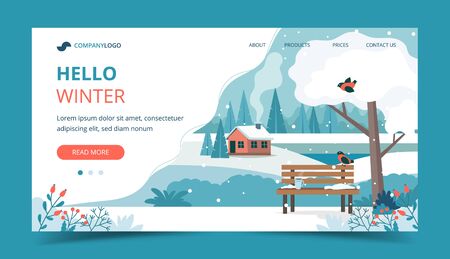 Hello winter, landscape with cute bench in the park. Landing page template. Vector illustration in flat styleのイラスト素材