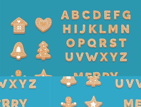Gingerbread cookie collection, cute christmas alphabet and cookies. Vector illustration in flat styleのイラスト素材