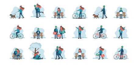 People doing winter activities. Set of male and female characters outdoor in winter clothes. Cute vector illustration in flat styleのイラスト素材