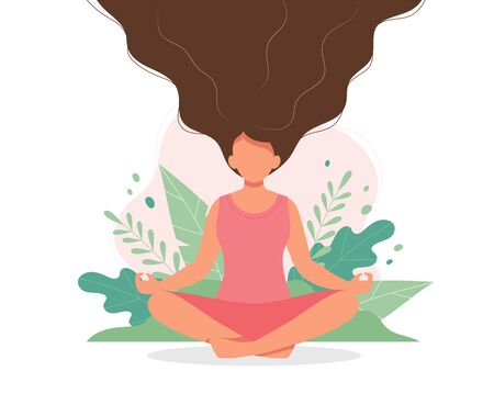 Woman meditating with nature background and her hair up. Cute vector illustration in flat styleのイラスト素材