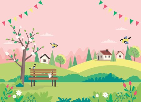 Hello spring, landscape with bench, houses, fields and nature. Decorative garlands. Cute vector illustration in flat styleのイラスト素材