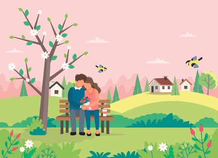 Loving couple sitting on the bench with spring landscape. Cute vector illustration in flat style.のイラスト素材