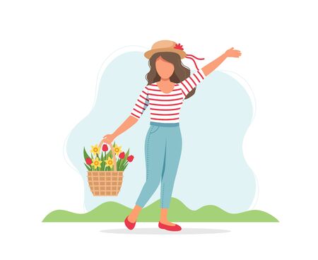 Woman with spring flowers in basket. Cute vector illustration in flat styleのイラスト素材