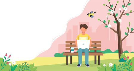 Man with laptop sitting on the bench with coffee. Cute vector illustration in flat style.のイラスト素材