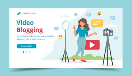 Female video blogger recording video with camera and light. Different social media icons. Landing page template, vector illustration in flat styleのイラスト素材