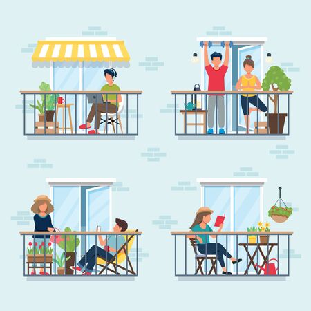 People on balcony, social isolation concept. Stay at home during epidemic. Cute vector illustration in flat styleのイラスト素材