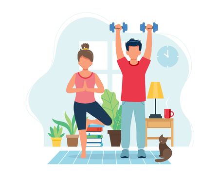 Stay home concept. People doing exercise in cozy modern interior. Vector illustration in flat styleのイラスト素材