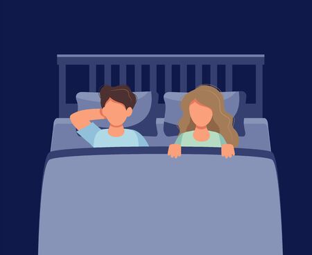 Couple laying in bed at night. Concept illustration for sleep, intimacy, relationship. Vector illustration in flat cartoon styleのイラスト素材