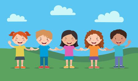Happy children illustration, different cartoon boys and girls, friendship, cultures, races. Vector illustration in flat styleのイラスト素材