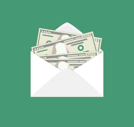 Opened envelope with dollar banknotes. Payment, salary, investment, corruption concept illustration in flat style.のイラスト素材