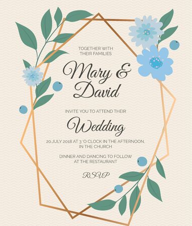 Wedding invitation template with elegant geometrical frame and flowers. Vector illustrationのイラスト素材