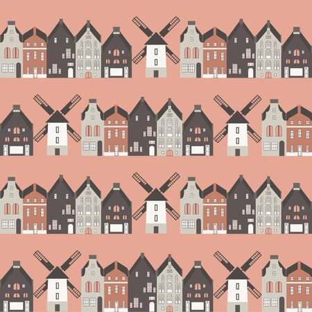 Traditional dutch houses and mills - seamless vector pattern withのイラスト素材