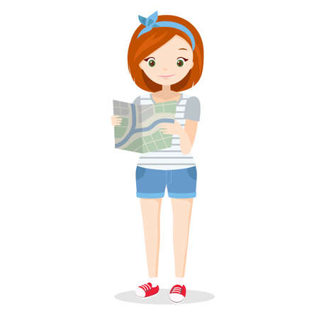 Girl in vacation - young woman on holidays, city tourism, holding a map. Cute vector character in flat style.のイラスト素材