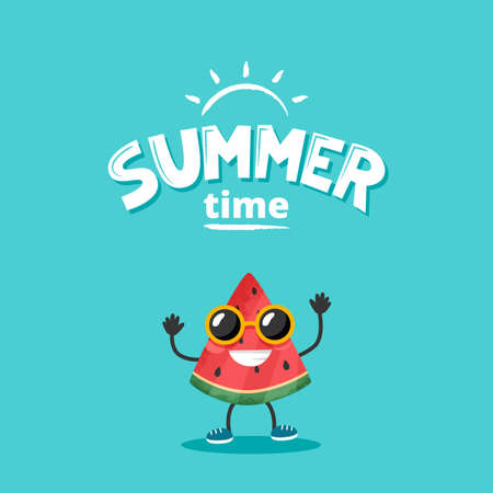 Cute watermelon character with summer lettering. Vector illustration in flat styleのイラスト素材