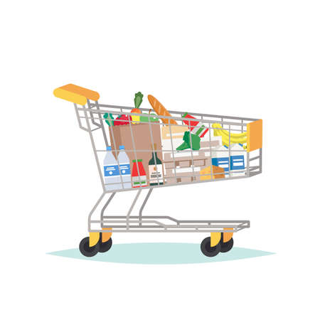 Supermarket grocery cart full of different groceriesのイラスト素材