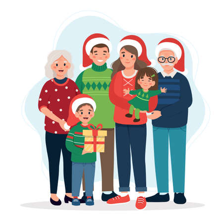 Happy family at christmas, parents with kids and grandparents. Cute vector illustration in flat styleのイラスト素材